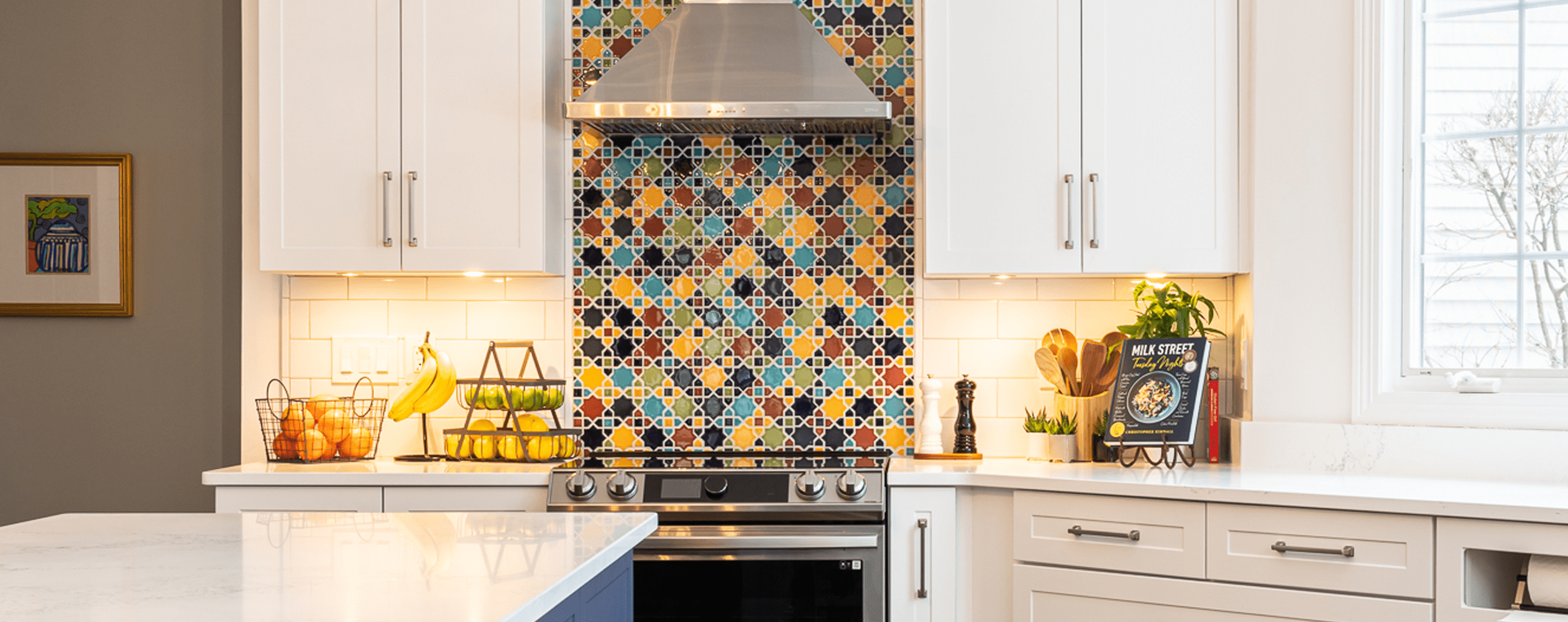 A remodeled kitchen in Chagrin Falls features attractive mosaics.