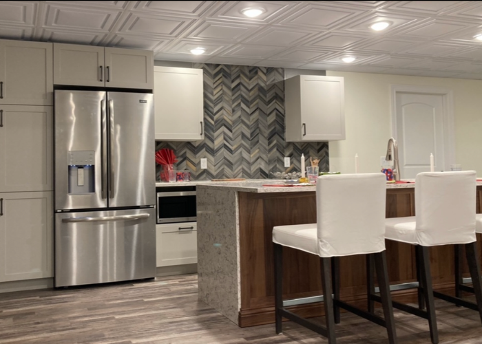 The basement kitchen designed by a remodeling services company.
